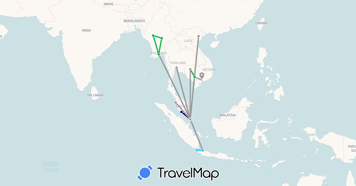 TravelMap itinerary: driving, bus, plane, boat in Indonesia, Cambodia, Myanmar (Burma), Malaysia, Singapore, Thailand, Vietnam (Asia)