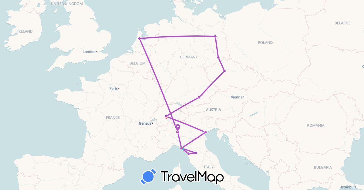 TravelMap itinerary: driving, train, hiking, boat in Switzerland, Czech Republic, Germany, Italy, Netherlands (Europe)